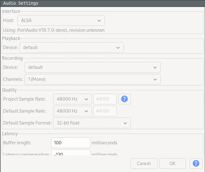 Configuring Audacity recording settings