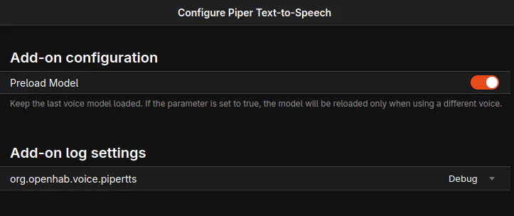 3. Configure piper Text to Speech (TTS) '/settings/addons/voice-pipertts'