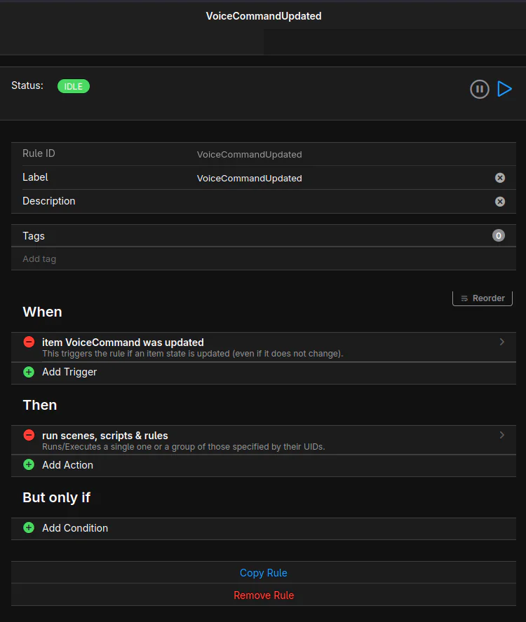6. Create rule to trigger script '/settings/rules/'