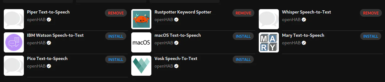 Overview of voice add-ons installed through OpenHAB browser interface