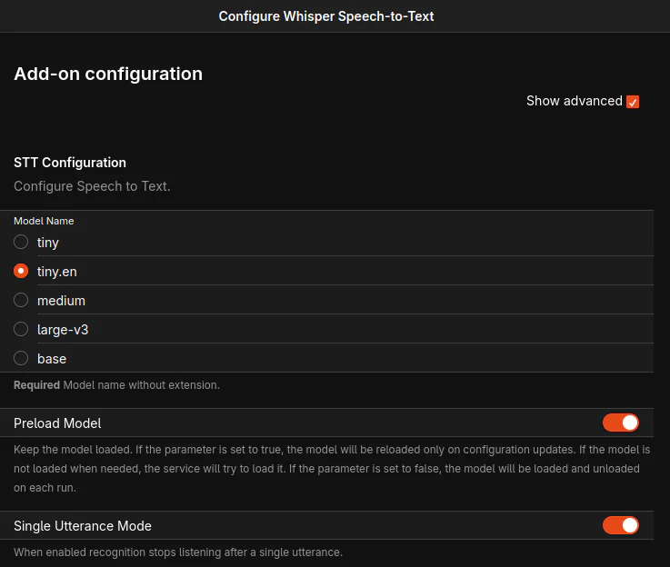 3. Configure whisper Speech to Text (STT) '/settings/addons/voice-whisperstt'